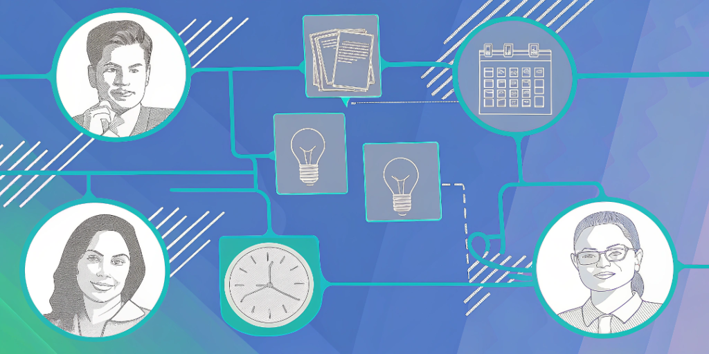 Visual representation of AI-powered strategies to improve meeting productivity using summaries, structure, and automation.
