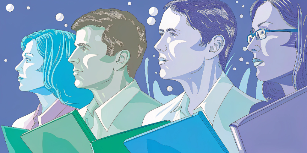 Professionals from five fields reflecting on in-depth interviews, surrounded by abstract symbols of conversation and insight.